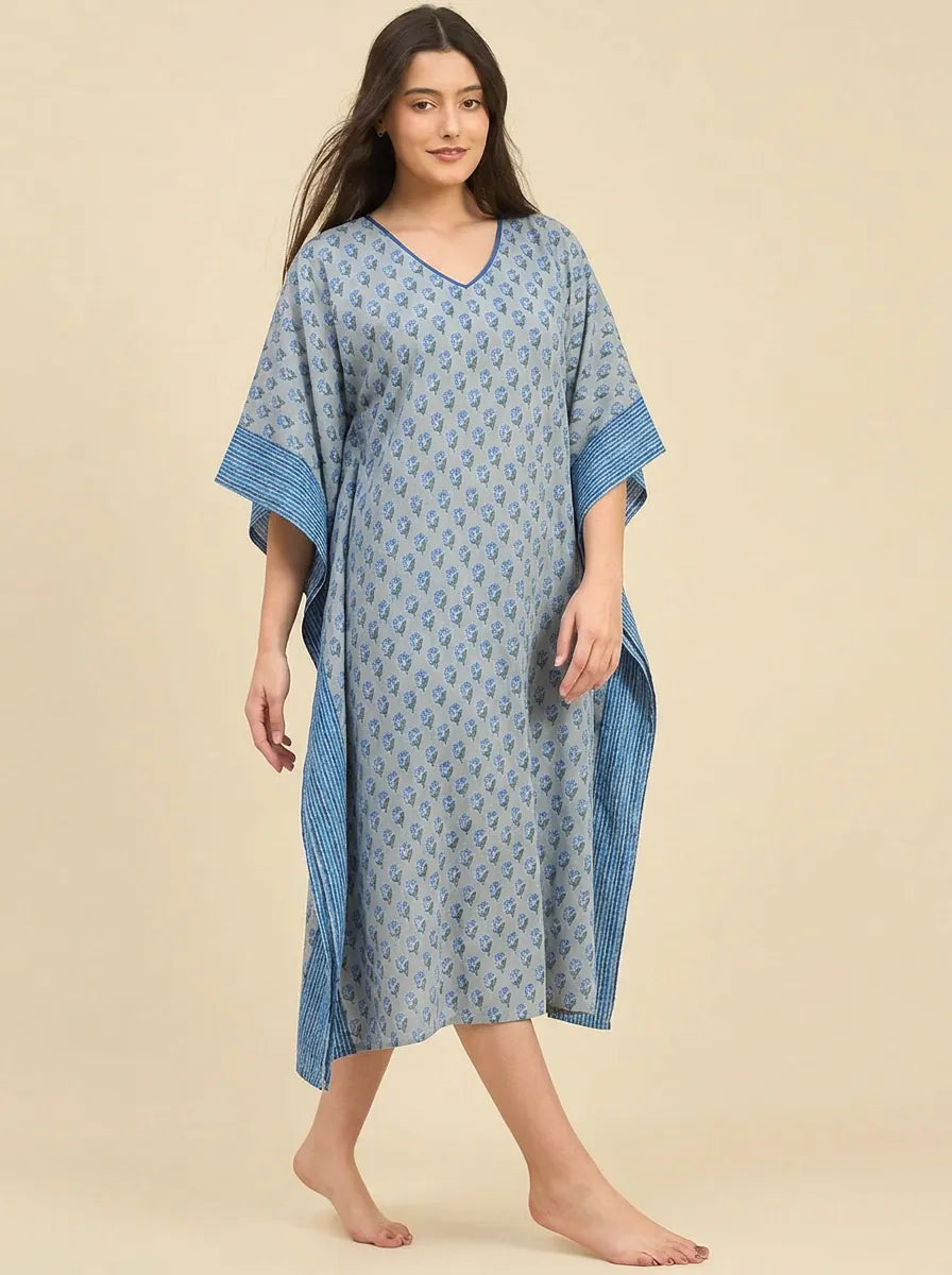 The Kaftan Company Kaftan Grey & Blue Butti Print Cotton Kaftan with Textured Indigo Border