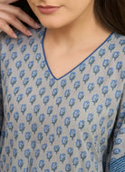 The Kaftan Company Kaftan Grey & Blue Butti Print Cotton Kaftan with Textured Indigo Border