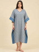 The Kaftan Company Kaftan Grey & Blue Butti Print Cotton Kaftan with Textured Indigo Border