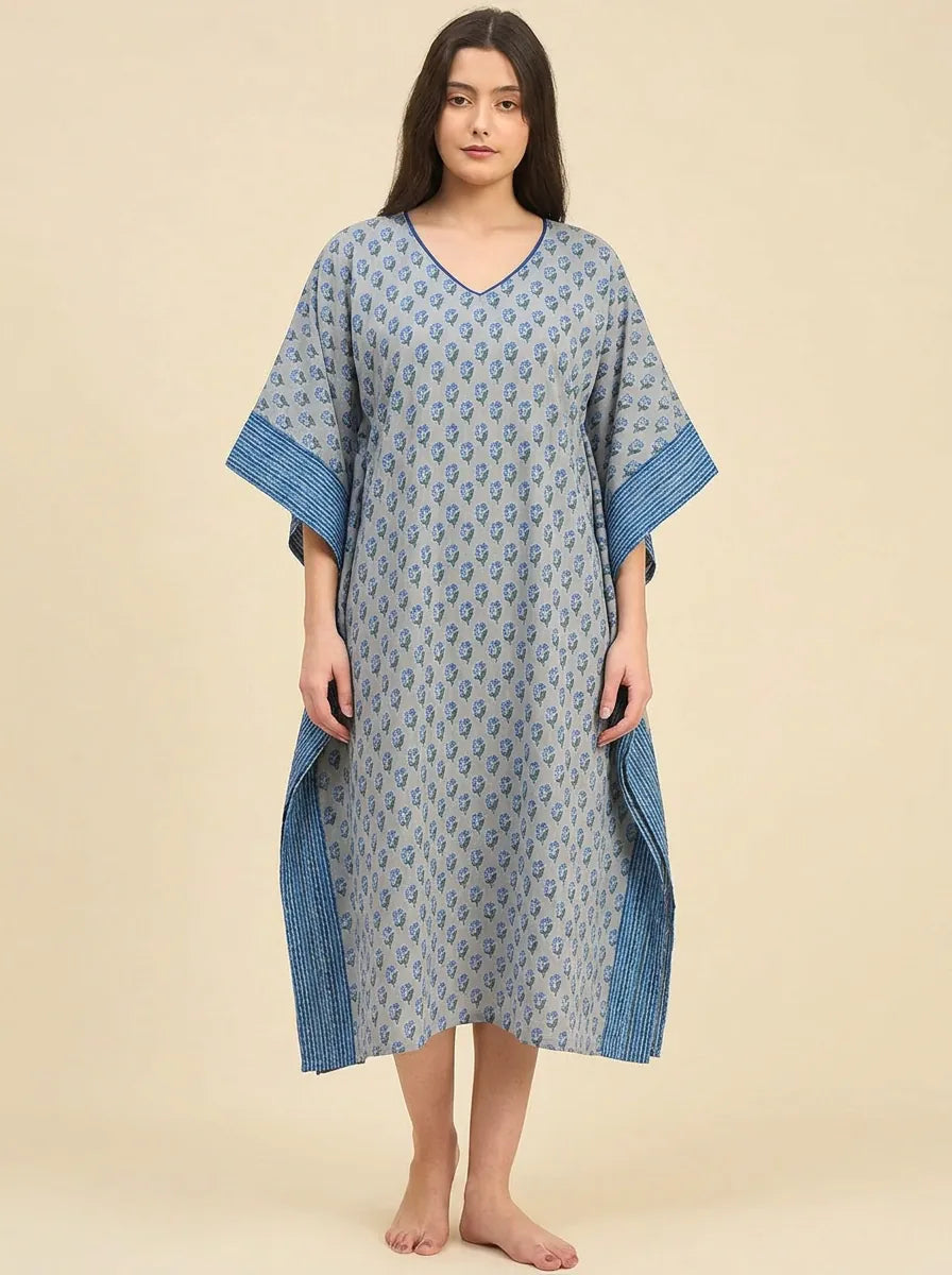 The Kaftan Company Kaftan Grey & Blue Butti Print Cotton Kaftan with Textured Indigo Border