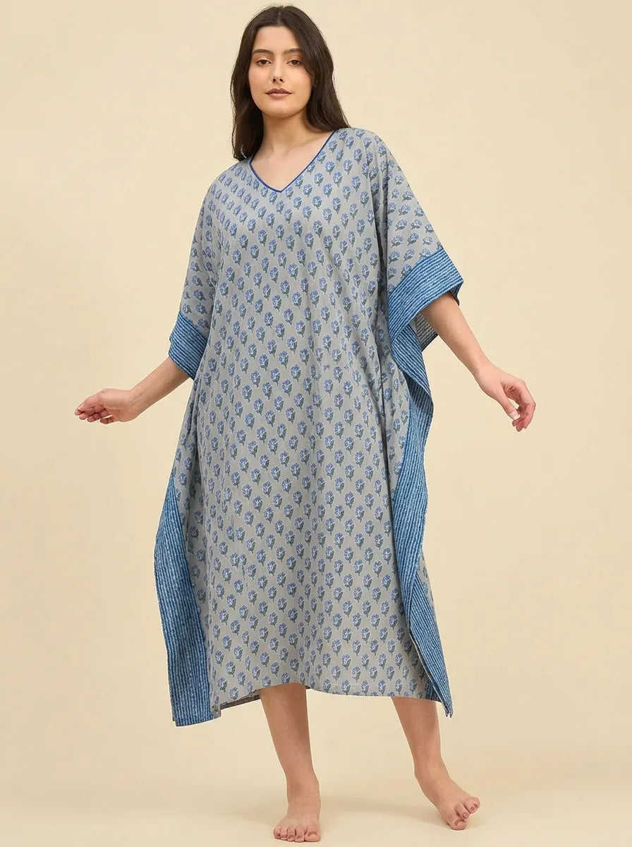 The Kaftan Company Kaftan Grey & Blue Butti Print Cotton Kaftan with Textured Indigo Border