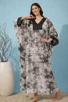 The Kaftan Company Kaftan Grey Floral Print Georgette Loungewear Kaftan with Lace Trim