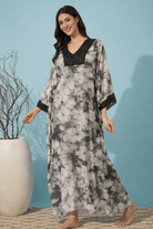 The Kaftan Company Kaftan Grey Floral Print Georgette Loungewear Kaftan with Lace Trim