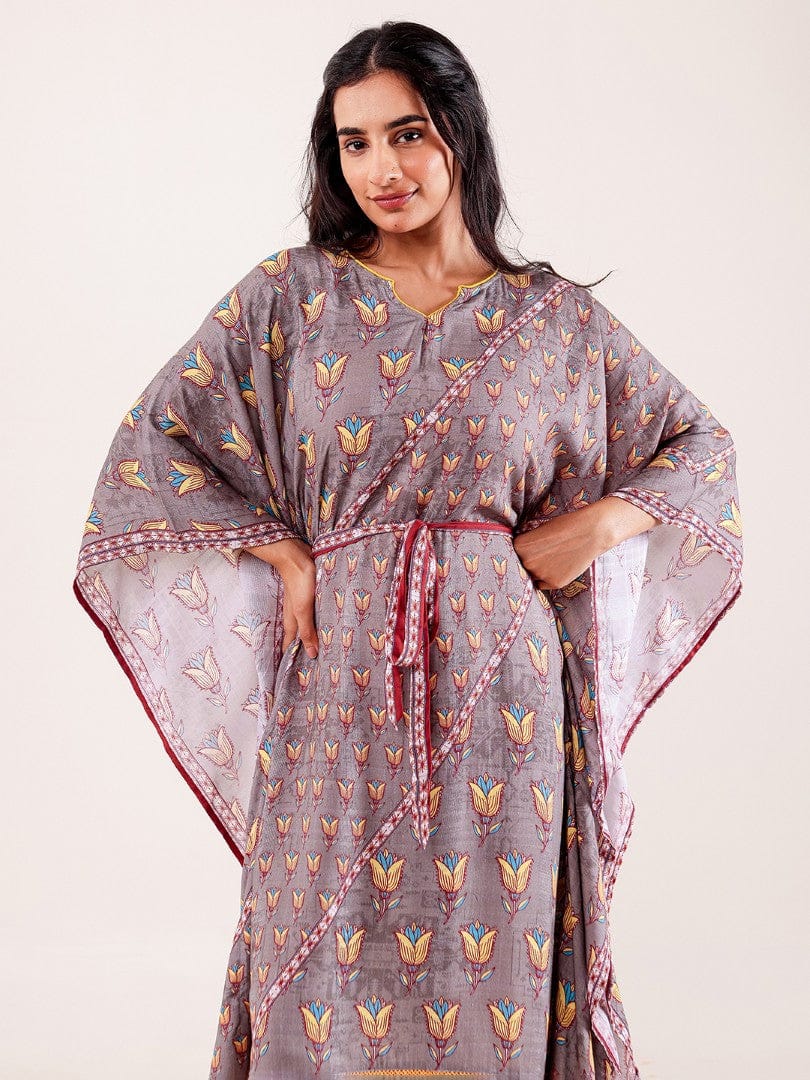 The Kaftan Company Kaftan Grey Floral Printed Modal Kaftan