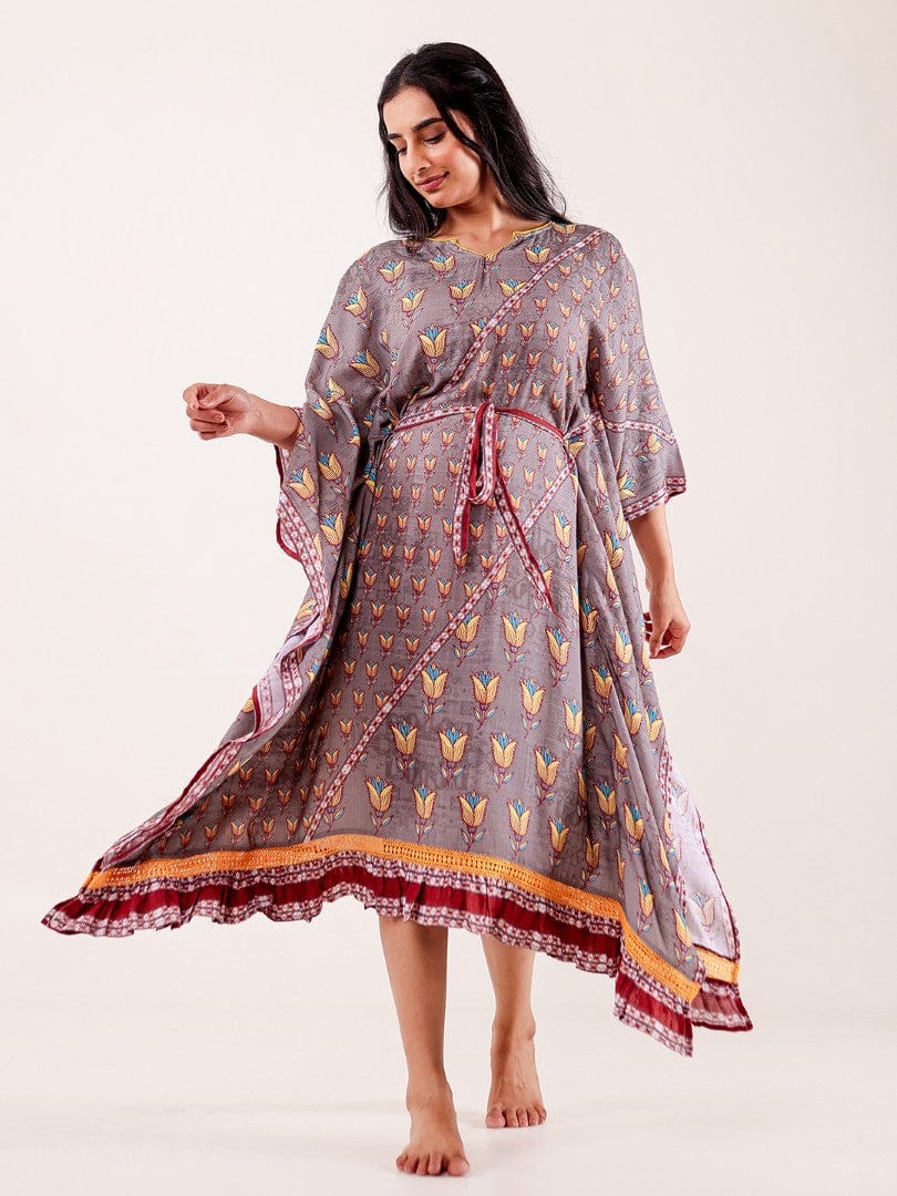 The Kaftan Company Kaftan Grey Floral Printed Modal Kaftan