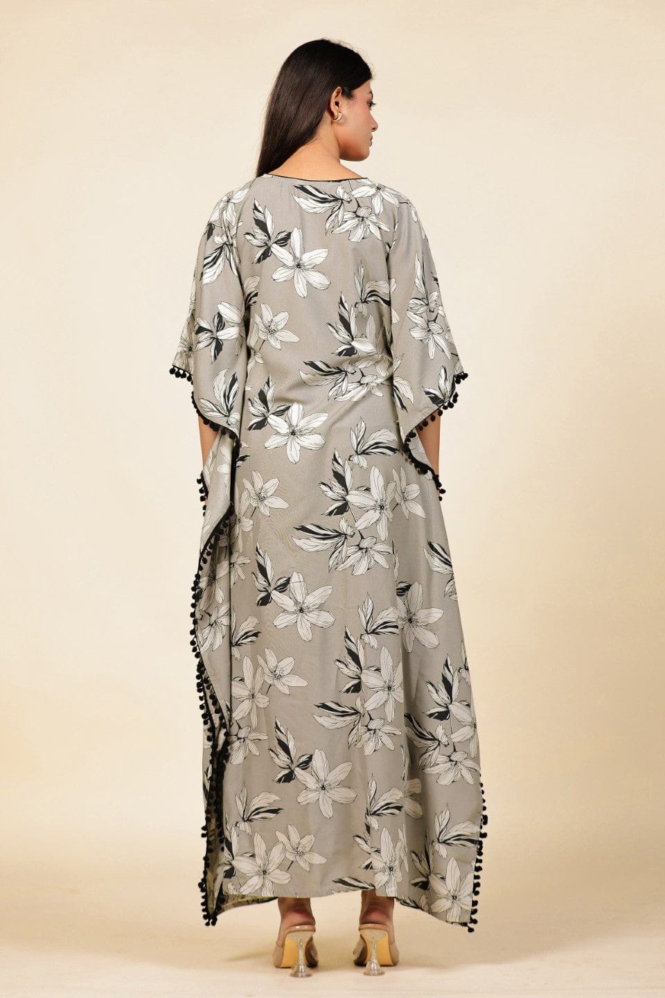 The Kaftan Company Kaftan Grey Floral Printed Viscose Rayon Kaftan with Pom-Pom Trim