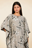 The Kaftan Company Kaftan Grey Floral Printed Viscose Rayon Kaftan with Pom-Pom Trim