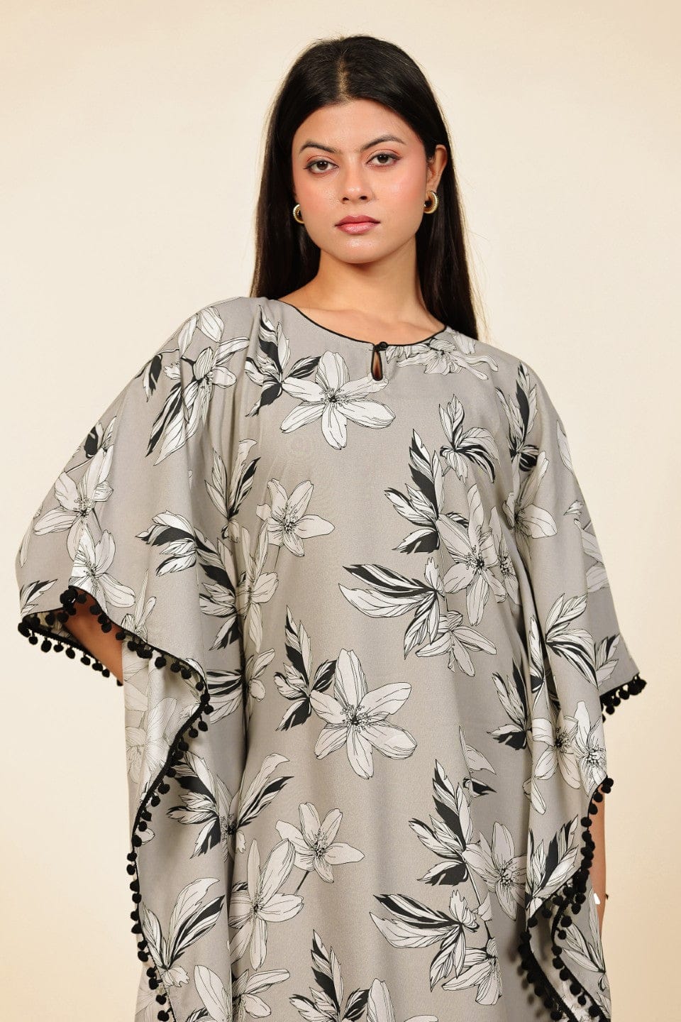 The Kaftan Company Kaftan Grey Floral Printed Viscose Rayon Kaftan with Pom-Pom Trim