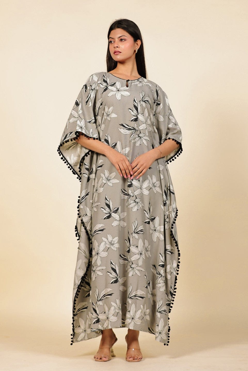 The Kaftan Company Kaftan Grey Floral Printed Viscose Rayon Kaftan with Pom-Pom Trim
