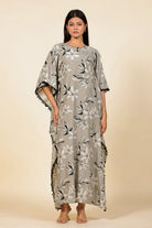 The Kaftan Company Kaftan Grey Floral Printed Viscose Rayon Kaftan with Pom-Pom Trim