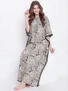 The Kaftan Company Kaftan Grey Floral Printed Viscose Rayon Kaftan with Pom-Pom Trim