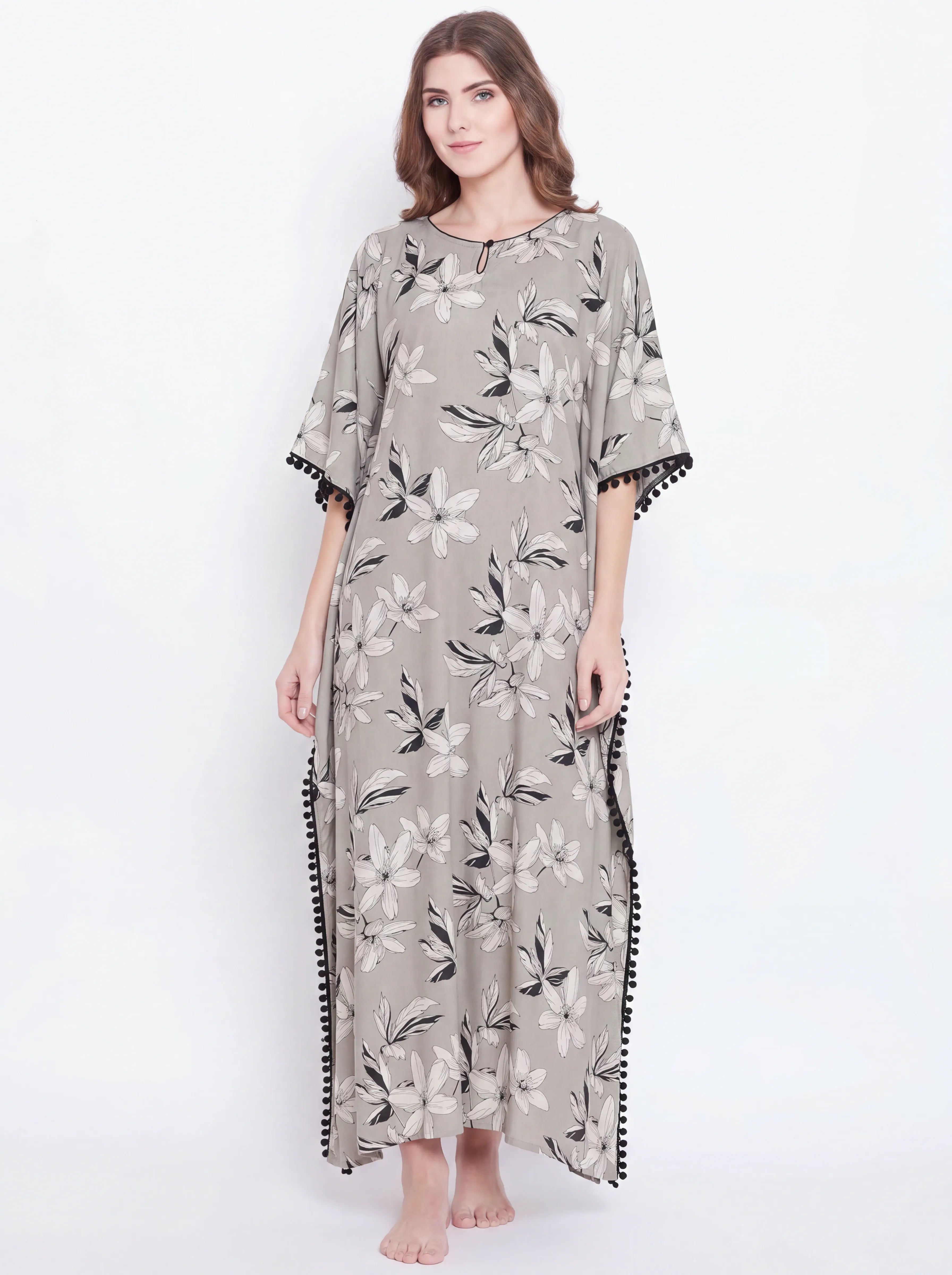 The Kaftan Company Kaftan Grey Floral Printed Viscose Rayon Kaftan with Pom-Pom Trim