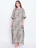 The Kaftan Company Kaftan Grey Floral Printed Viscose Rayon Kaftan with Pom-Pom Trim