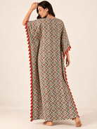 The Kaftan Company Kaftan Grey Geometric Print Cotton Kaftan with Red Tassel Trim