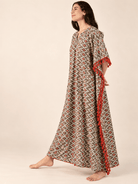 The Kaftan Company Kaftan Grey Geometric Print Cotton Kaftan with Red Tassel Trim