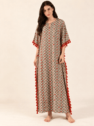 The Kaftan Company Kaftan Grey Geometric Print Cotton Kaftan with Red Tassel Trim