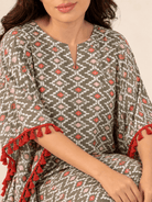 The Kaftan Company Kaftan Grey Geometric Print Cotton Kaftan with Red Tassel Trim