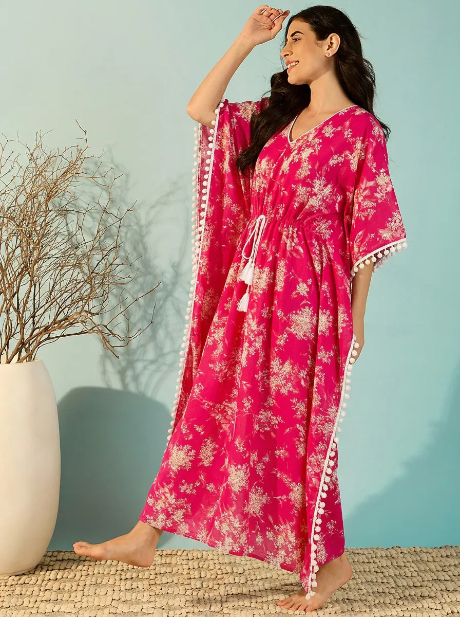 The Kaftan Company Kaftan Hot Pink Floral Cotton Kaftan with Pom-Pom Trim