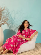The Kaftan Company Kaftan Hot Pink Floral Cotton Kaftan with Pom-Pom Trim