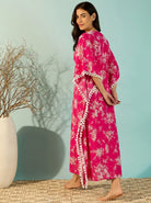 The Kaftan Company Kaftan Hot Pink Floral Cotton Kaftan with Pom-Pom Trim