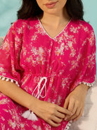 The Kaftan Company Kaftan Hot Pink Floral Cotton Kaftan with Pom-Pom Trim