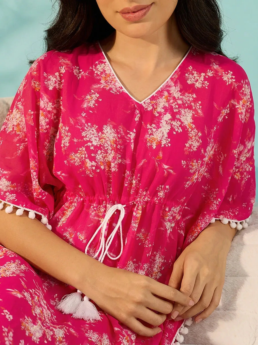 The Kaftan Company Kaftan Hot Pink Floral Cotton Kaftan with Pom-Pom Trim