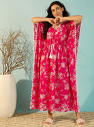 The Kaftan Company Kaftan Hot Pink Floral Cotton Kaftan with Pom-Pom Trim