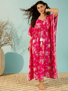The Kaftan Company Kaftan Hot Pink Floral Cotton Kaftan with Pom-Pom Trim