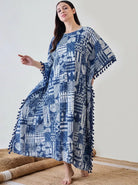 The Kaftan Company Kaftan Indigo Patchwork Print Viscose Kaftan with Tassel Trim