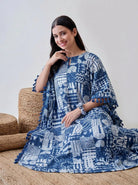 The Kaftan Company Kaftan Indigo Patchwork Print Viscose Kaftan with Tassel Trim