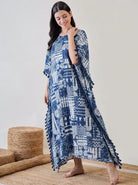 The Kaftan Company Kaftan Indigo Patchwork Print Viscose Kaftan with Tassel Trim