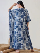 The Kaftan Company Kaftan Indigo Patchwork Print Viscose Kaftan with Tassel Trim