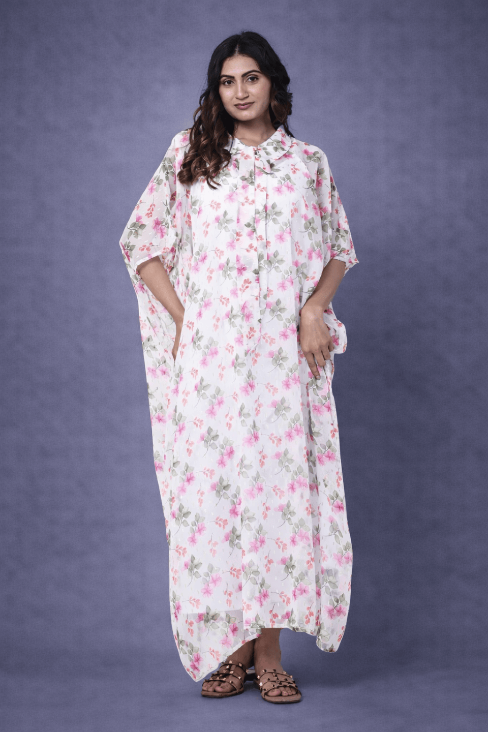 The Kaftan Company Kaftan Ivory Floral Georgette Loungewear Kaftan with Crepe Slip