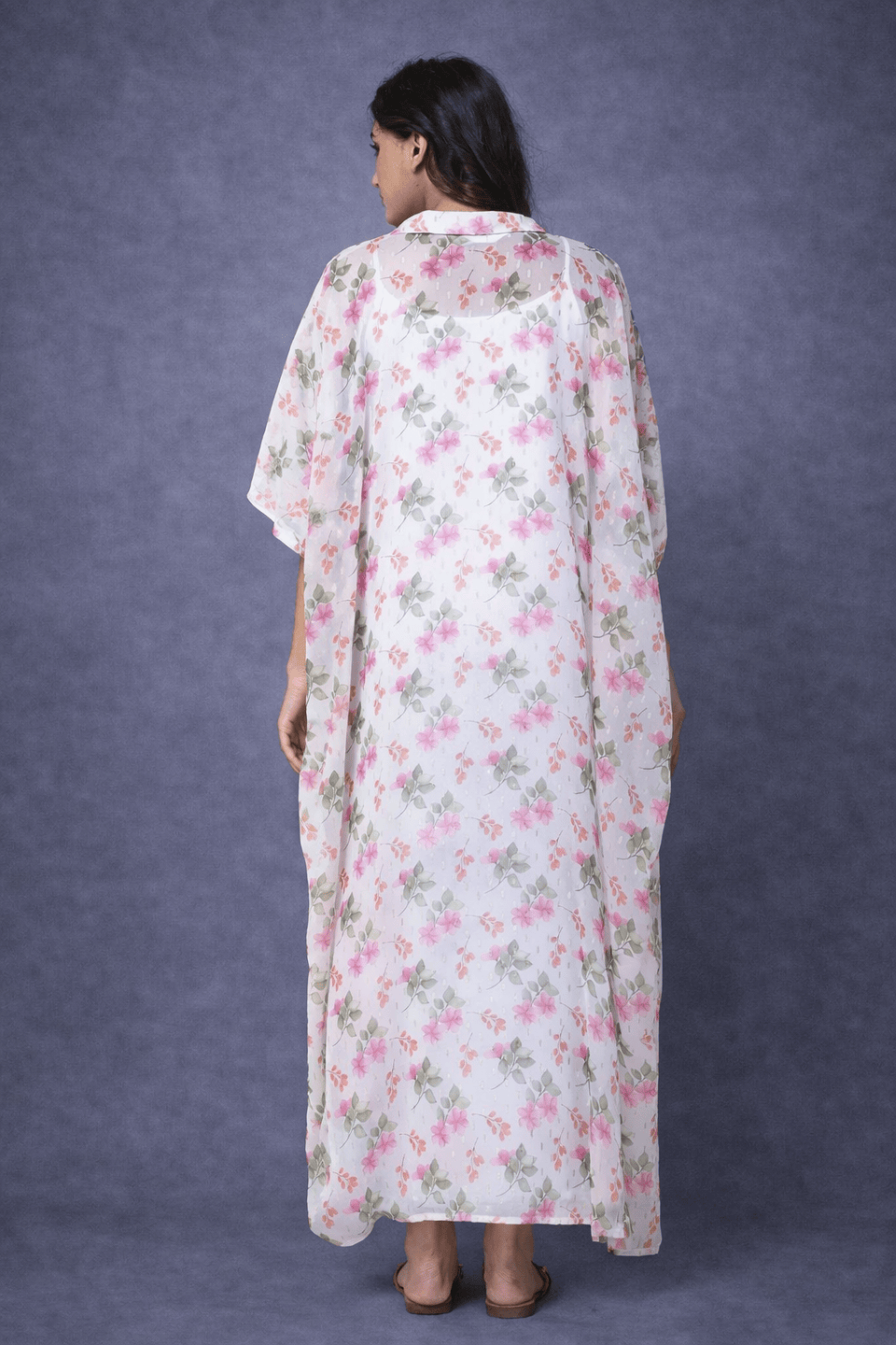 The Kaftan Company Kaftan Ivory Floral Georgette Loungewear Kaftan with Crepe Slip