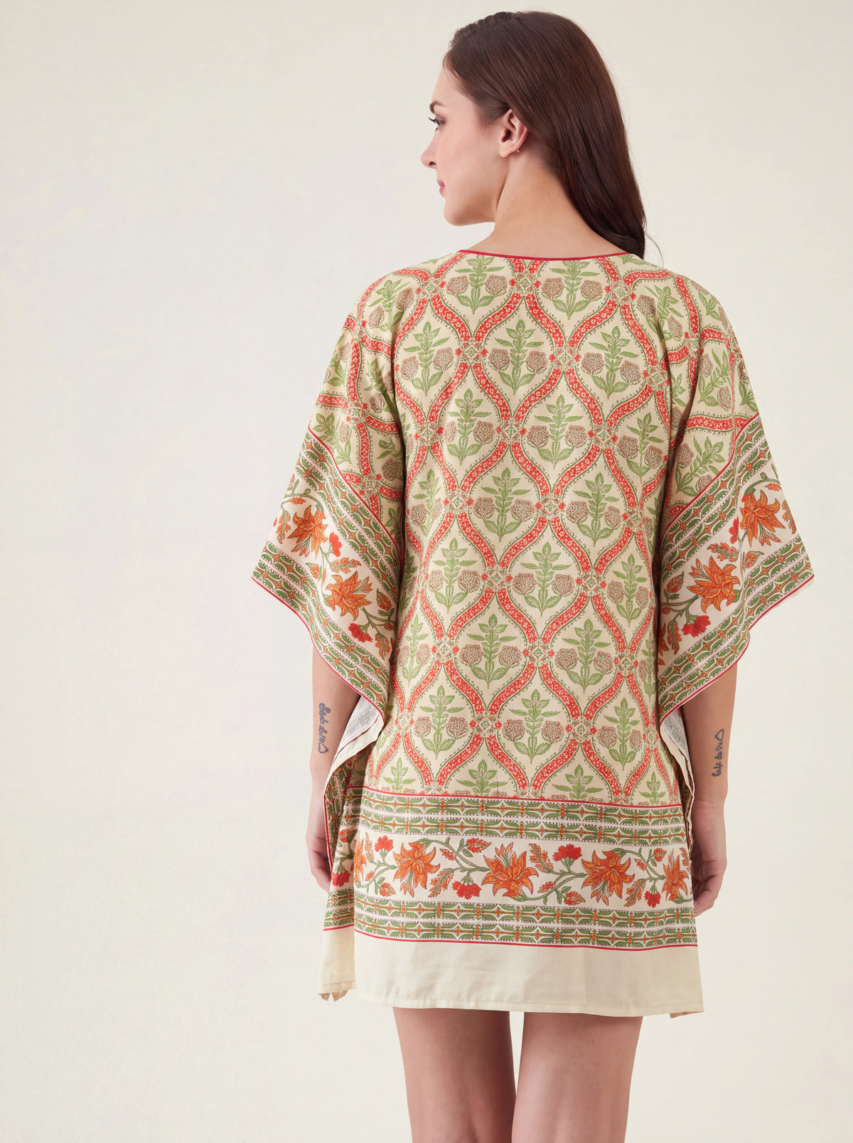 The Kaftan Company Kaftan Ivory Trellis Floral Print Short Kaftan with Side Ties