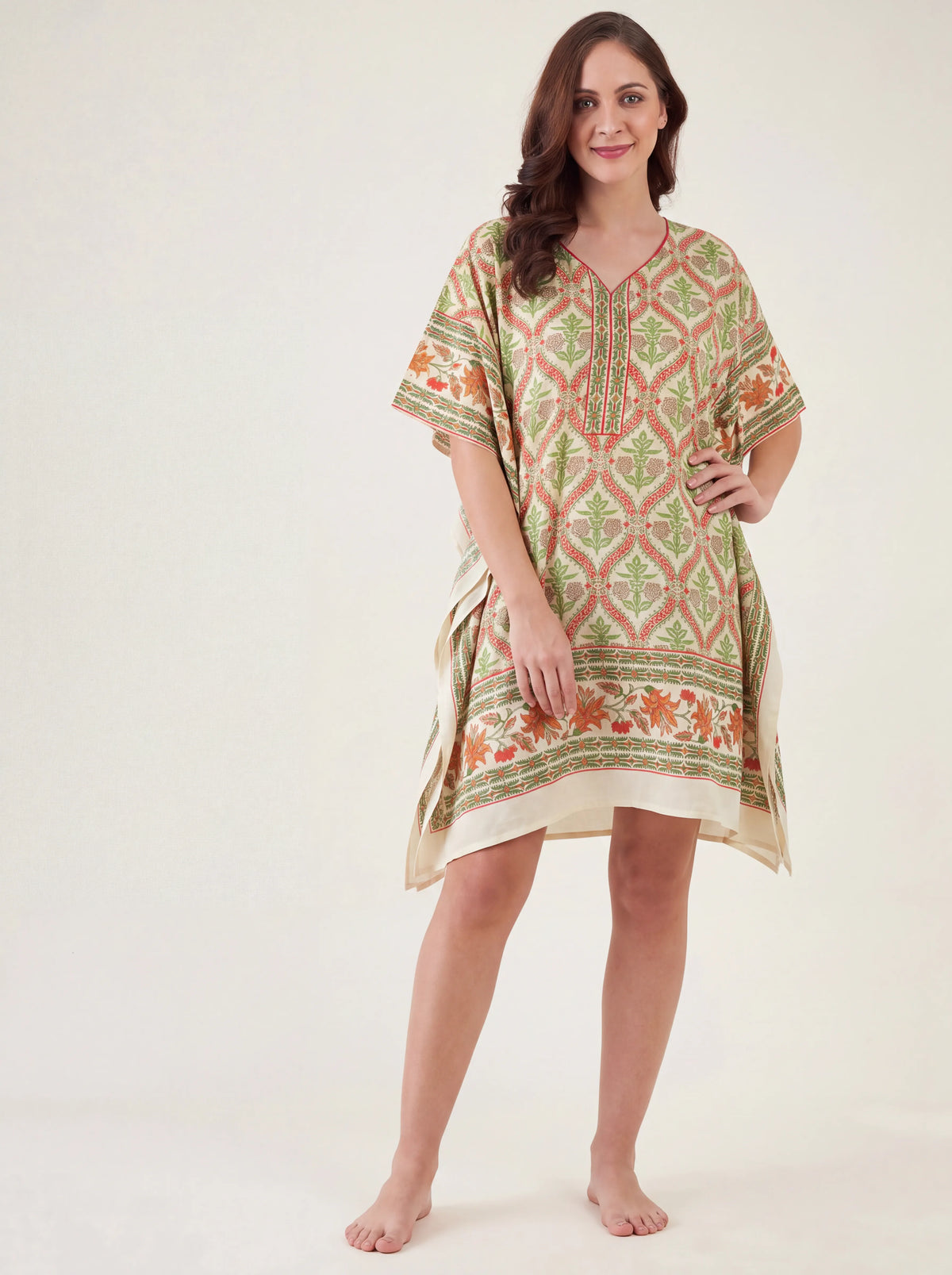 The Kaftan Company Kaftan Ivory Trellis Floral Print Short Kaftan with Side Ties