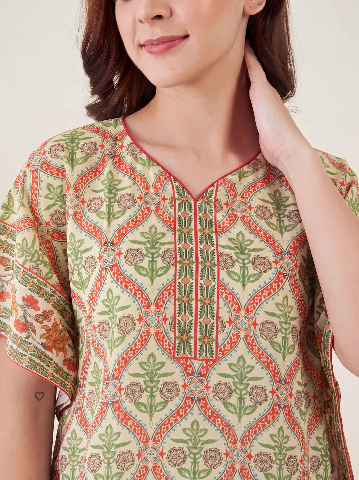 The Kaftan Company Kaftan Ivory Trellis Floral Print Short Kaftan with Side Ties