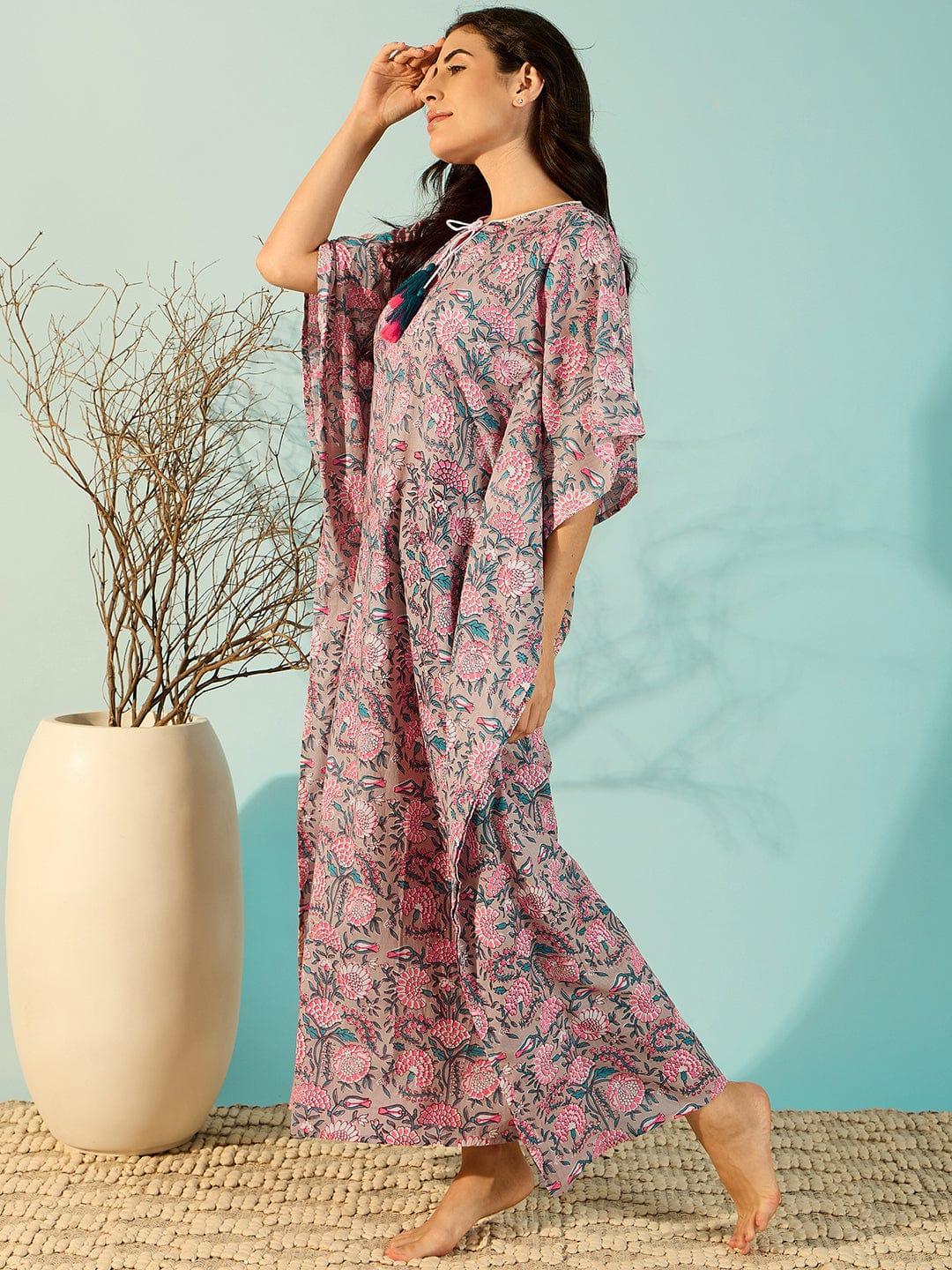 The Kaftan Company Kaftan Jaipur Blocks Grey Cotton Kaftan Night Gown For Women