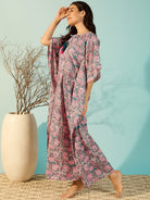 The Kaftan Company Kaftan Jaipur Blocks Grey Cotton Kaftan Night Gown For Women