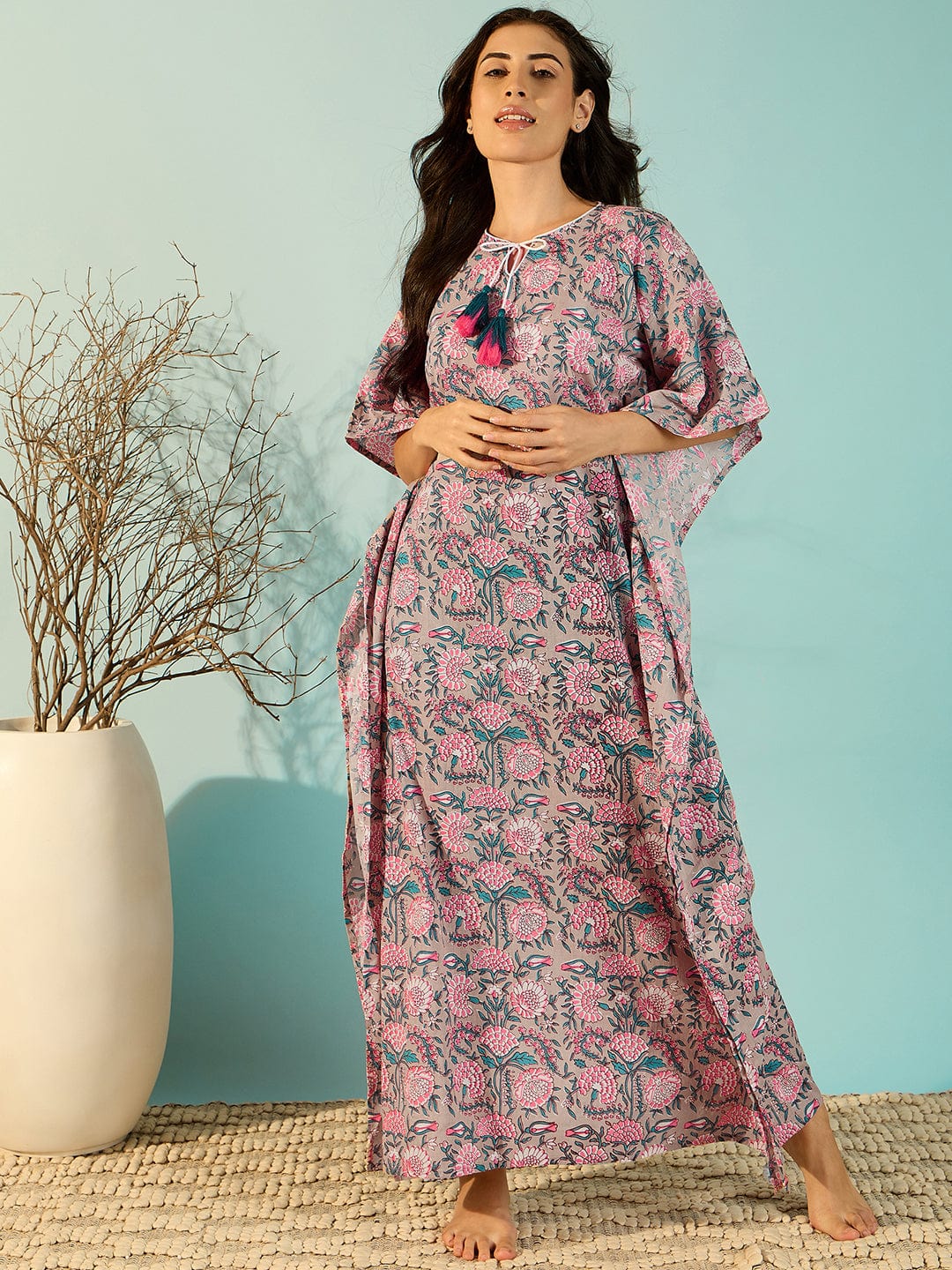 The Kaftan Company Kaftan Jaipur Blocks Grey Cotton Kaftan Night Gown For Women