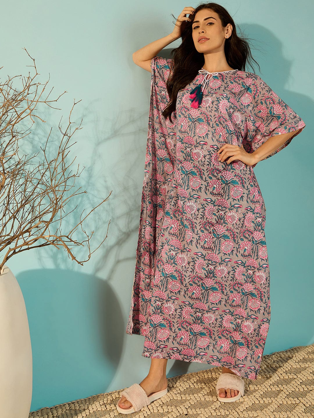 The Kaftan Company Kaftan Jaipur Blocks Grey Cotton Kaftan Night Gown For Women