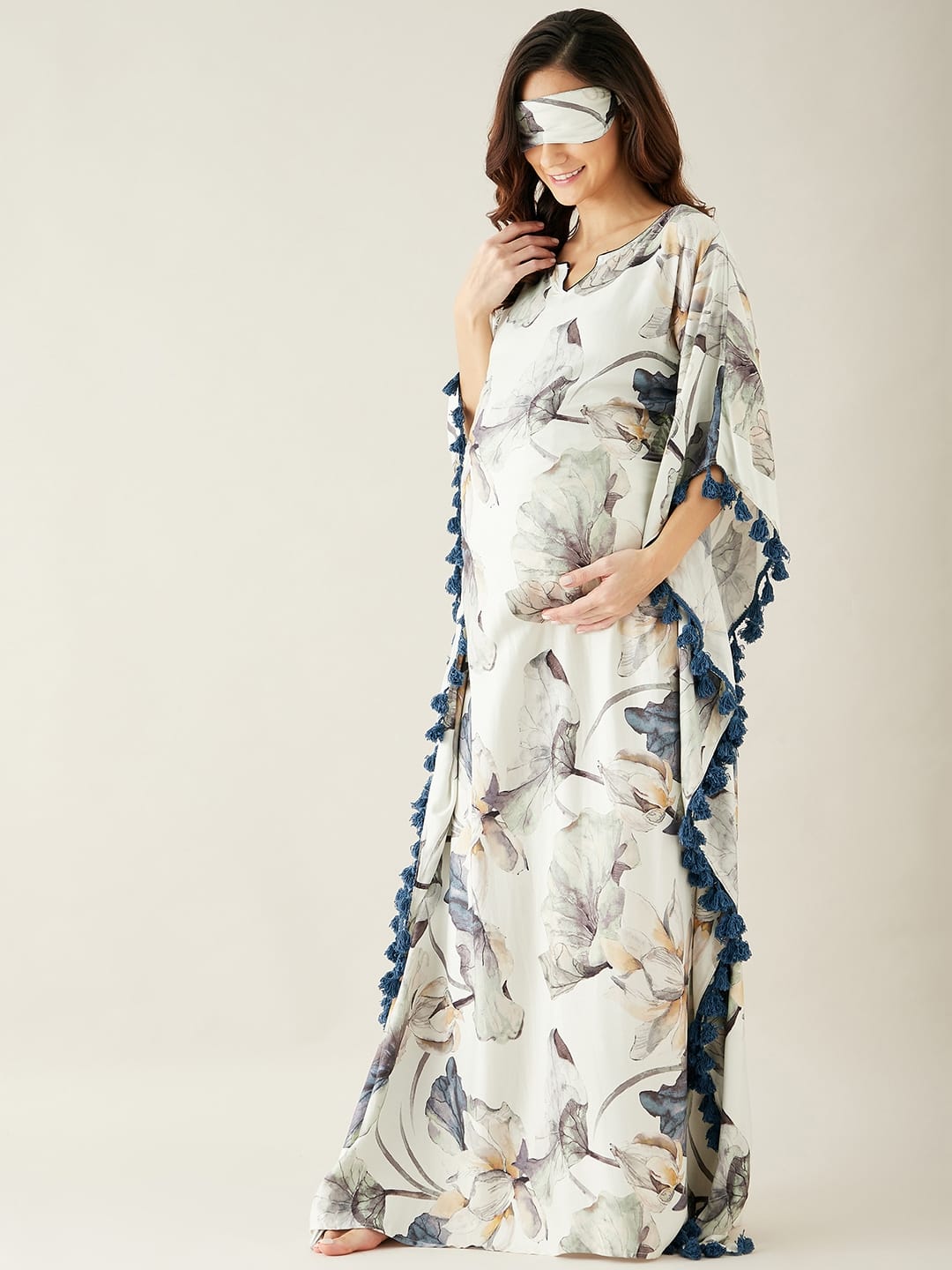 The Kaftan Company Kaftan L Off White Floral Printed Maternity Lounge Kaftan (Final Sale )