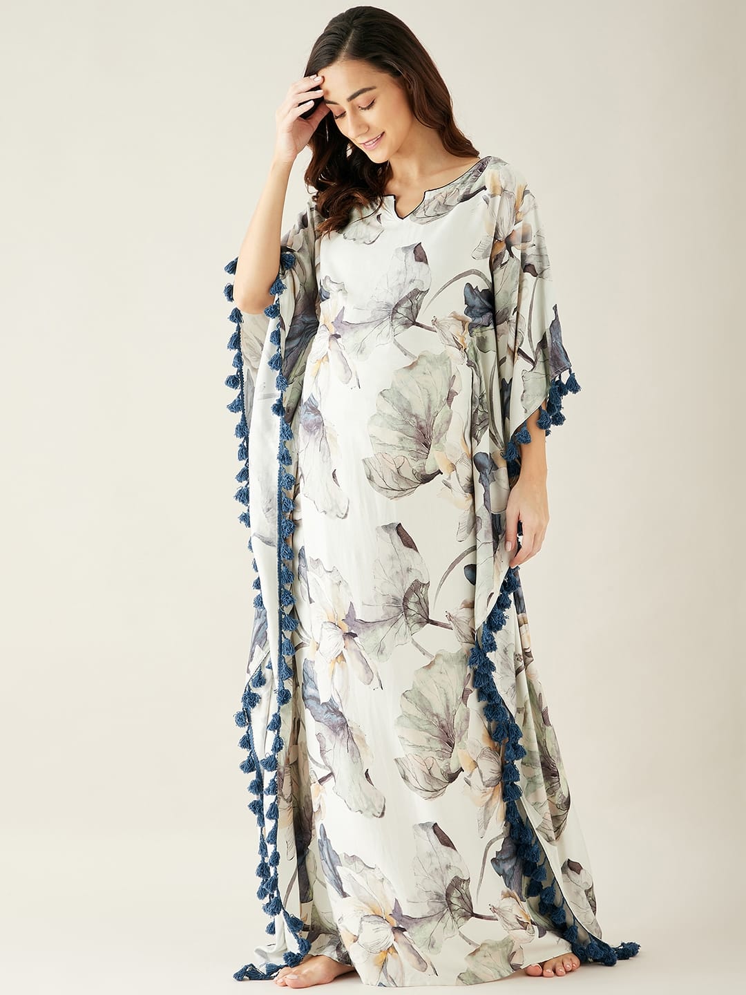 The Kaftan Company Kaftan L Off White Floral Printed Maternity Lounge Kaftan (Final Sale )