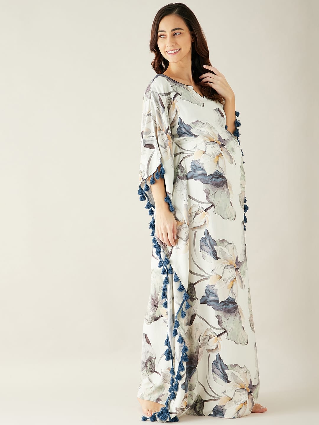 The Kaftan Company Kaftan L Off White Floral Printed Maternity Lounge Kaftan (Final Sale )