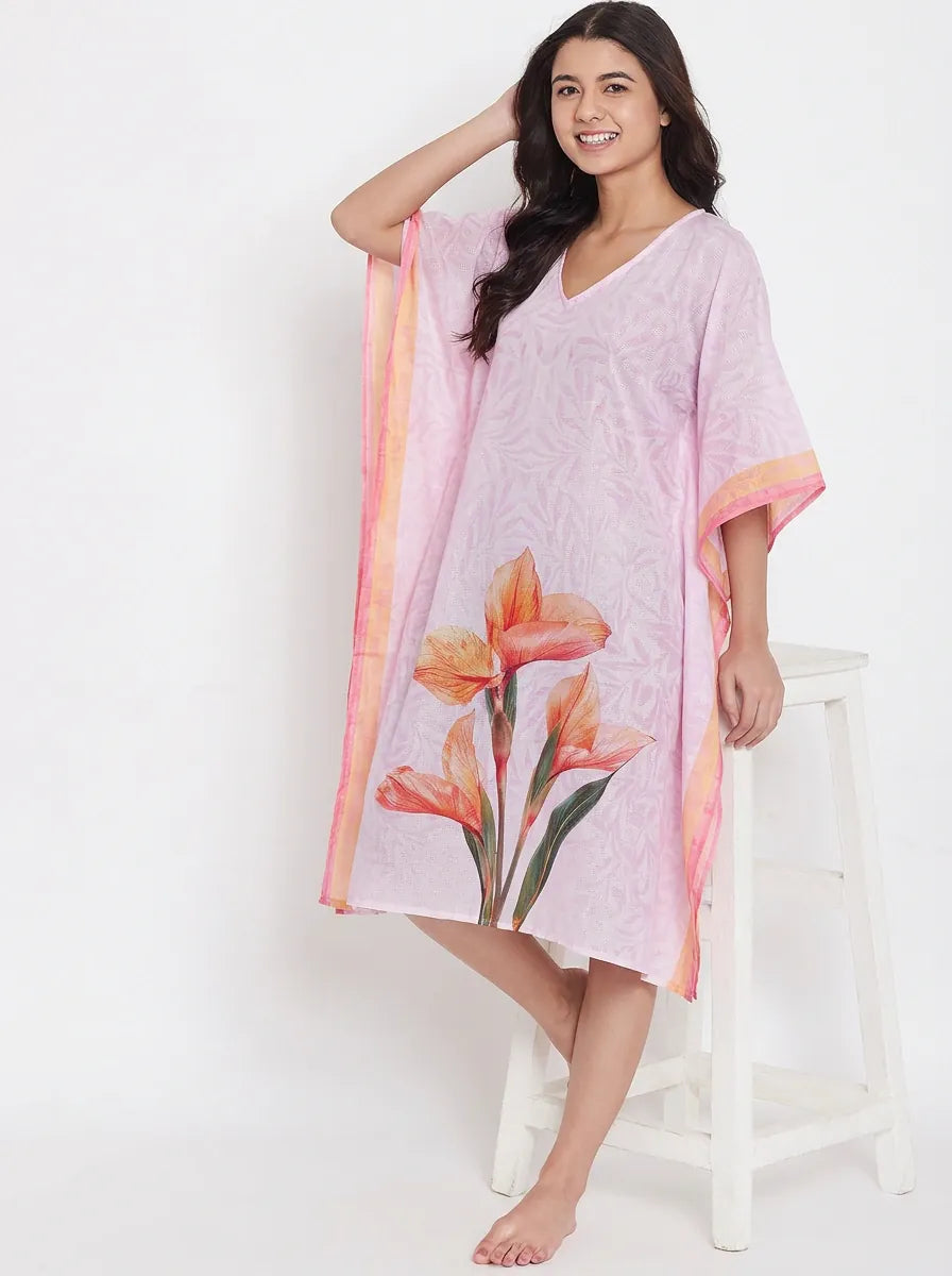 The Kaftan Company Kaftan Lilac Floral Print Short Kaftan with Statement Iris Motif