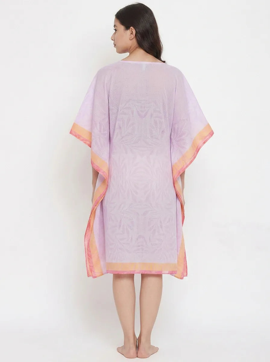 The Kaftan Company Kaftan Lilac Floral Print Short Kaftan with Statement Iris Motif