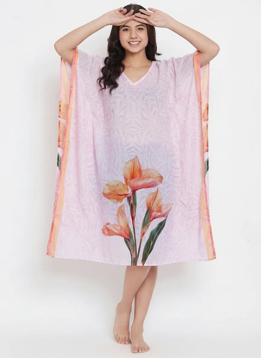The Kaftan Company Kaftan Lilac Floral Print Short Kaftan with Statement Iris Motif