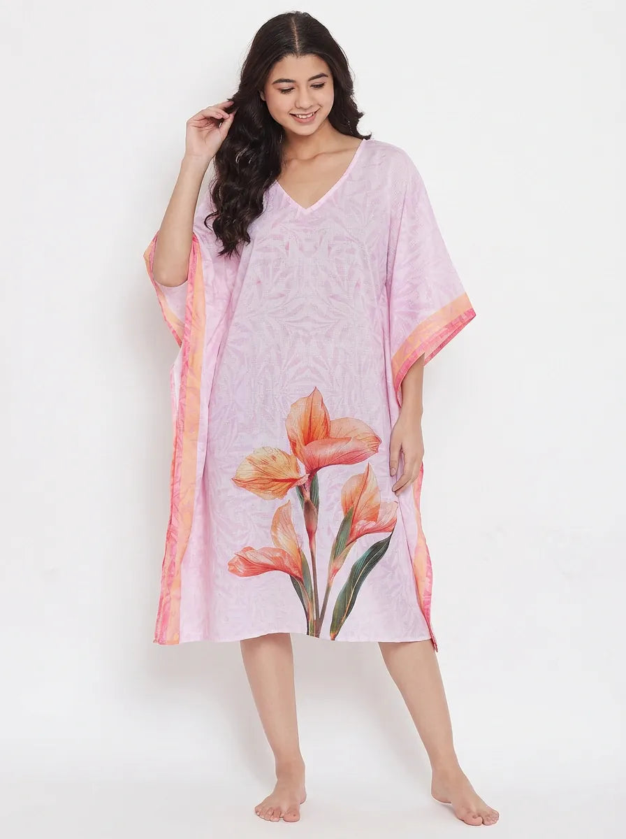 The Kaftan Company Kaftan Lilac Floral Print Short Kaftan with Statement Iris Motif