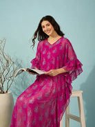 The Kaftan Company Kaftan Magenta Floral Print Georgette Kaftan with Ruffle Sleeves