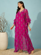 The Kaftan Company Kaftan Magenta Floral Print Georgette Kaftan with Ruffle Sleeves